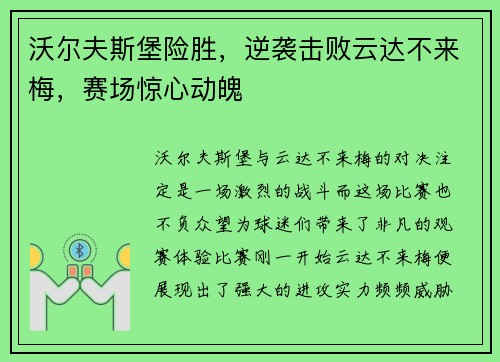 沃尔夫斯堡险胜，逆袭击败云达不来梅，赛场惊心动魄