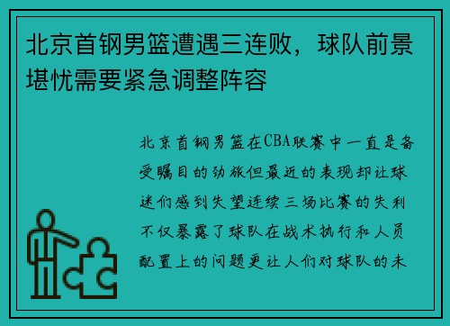 北京首钢男篮遭遇三连败，球队前景堪忧需要紧急调整阵容